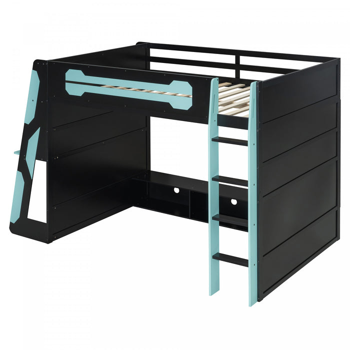Olivia Wood Loft Bed with Desk and Multi-storage Shelves,RGB Light,Blue Full Bed