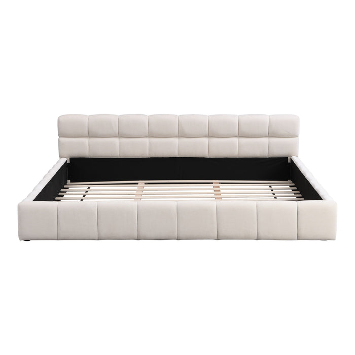 Eleanor Elegant Chenille Upholstered Bed with Checkerboard Design,King Size,Beige King Bed