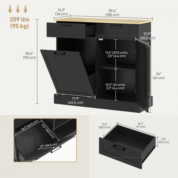 HOMCOM 10 Gallons Tilt Out Trash Cabinet, Kitchen Island w/ Drawers, Black