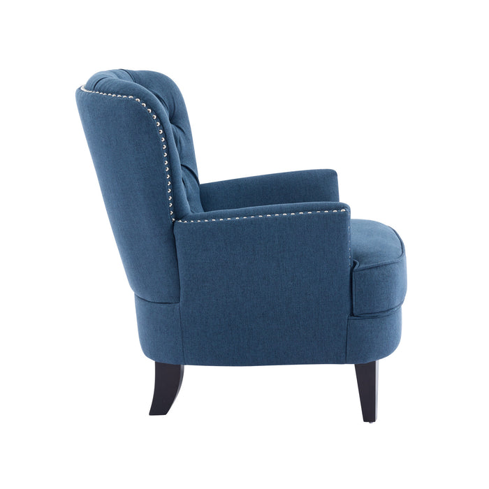 Arcadia Vintage-Inspired Lounge Chair with Nailhead Trim and Curved Backrest, Navy Blue