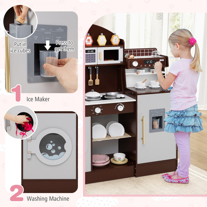 Honeyjoy Kids Kitchen Set Wooden Kitchen Playset With Clock, Microwave, Sink, Dish Rack Brown