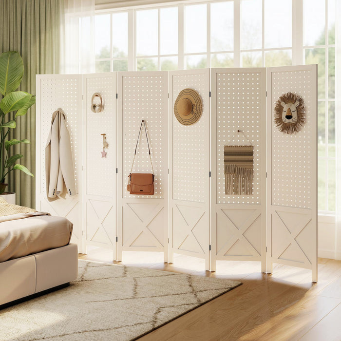 HOMCOM 56.9\" 6 Panel Room Divider with Pegboard Display for Indoor White