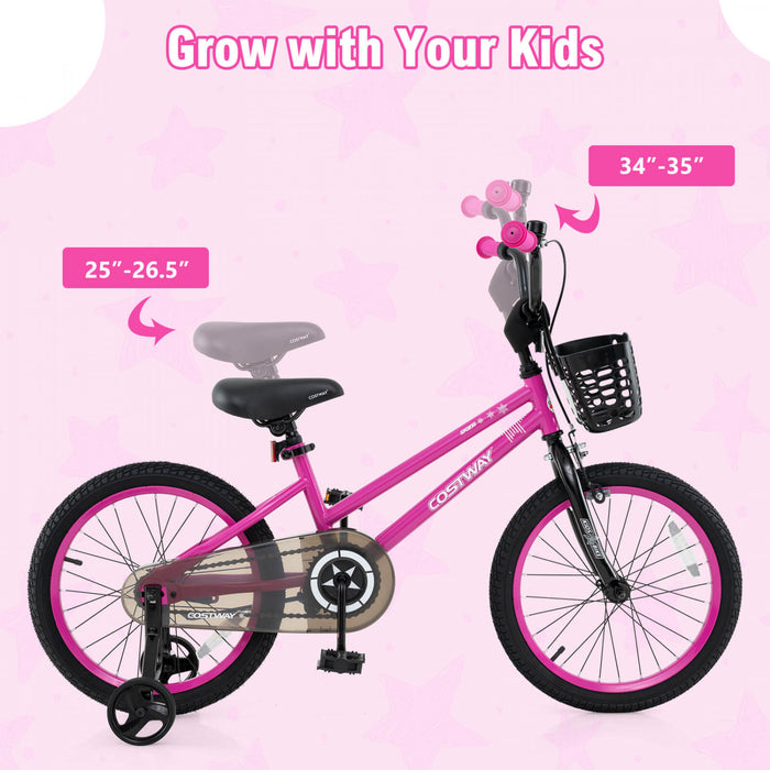 Costway 18\" Kid's Bike With Training Wheels Adjustable Handlebar & Seat Handbrake Pink