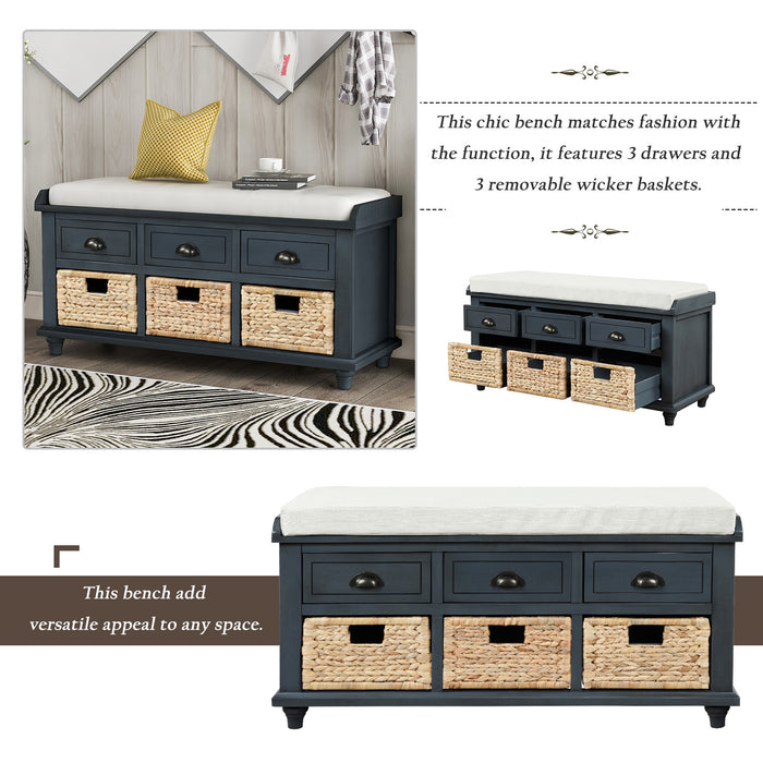 Harvey Solid Wood Storage Bench With Drawers And Rattan Baskets,antique Navy
