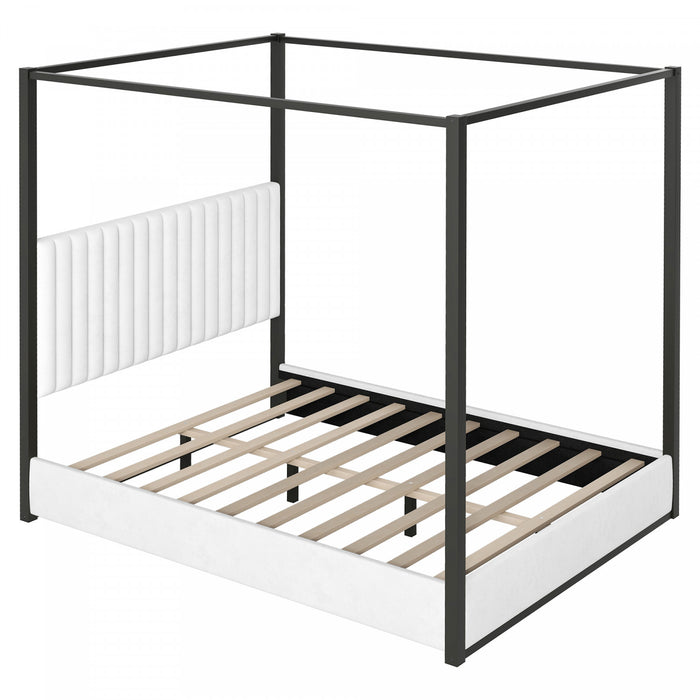 Sophia Upholstery Canopy Platform Bed with Foam Headboard and Velvet,Queen Size,Black Queen Bed