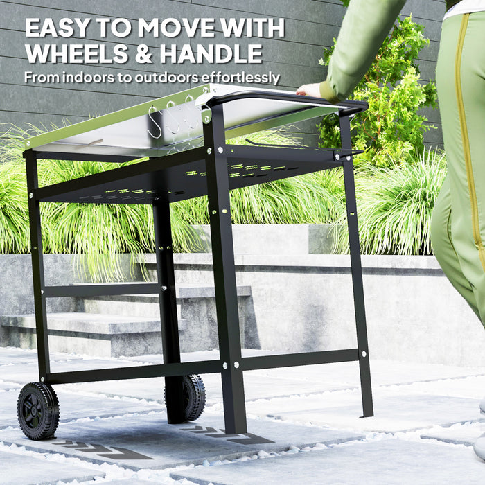 Outsunny Outdoor Grill Cart with Stainless Steel Top Adjustable Shelf, Pizza Oven Table with Hooks, Seasoning Tray, Towel Rack, Movable Grill Dining Cart with Cover, Black
