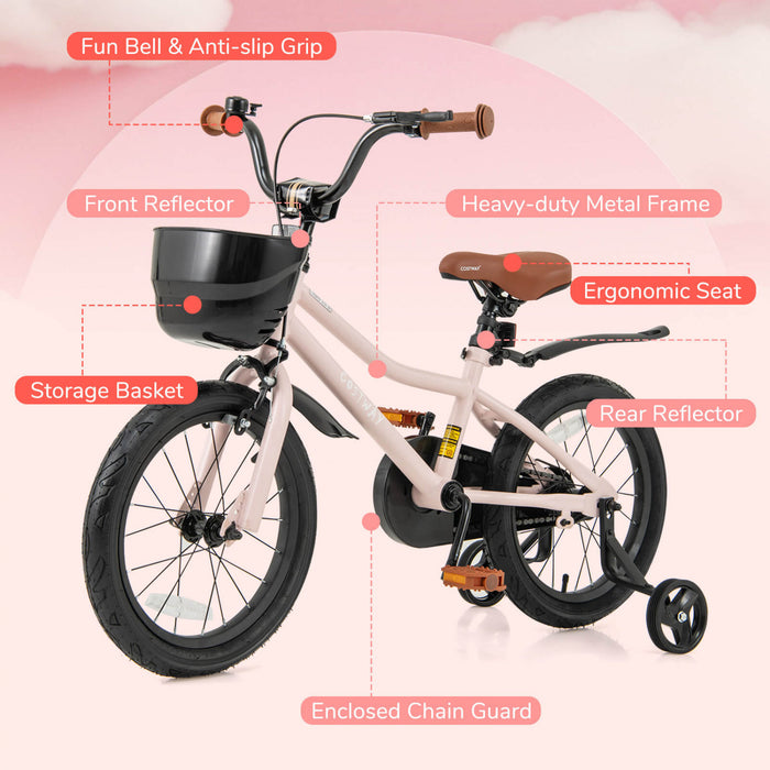 Costway 16\" Kid's Bike With Training Wheels Adjustable Handlebar & Seat Handbrake Pink