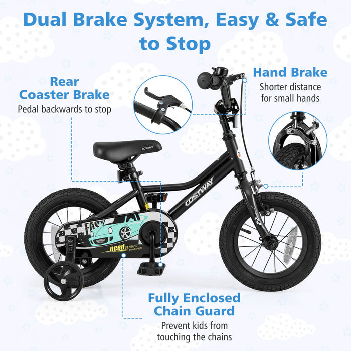 Costway 12\" Kids Training Bike With Removable Training Wheels Pneumatic Tires Black