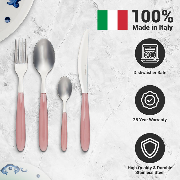 Arimi Nilu Italian Stainless Steel 24 Piece Flatware Set - Service For 6 - Pink Handle