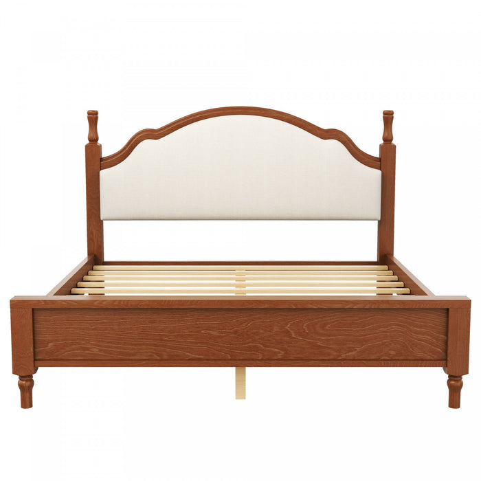 Miles Queen Size Wood Platform Bed with Curved Upholstered Headboard, Brown