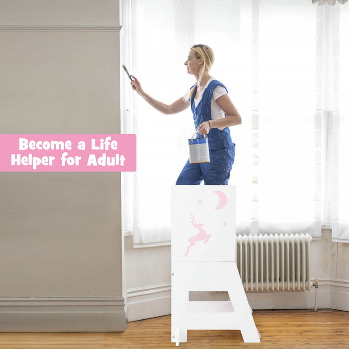 Costway Toddler Kitchen Stool Helper Baby Standing Tower With Chalkboard & Whiteboard Pink