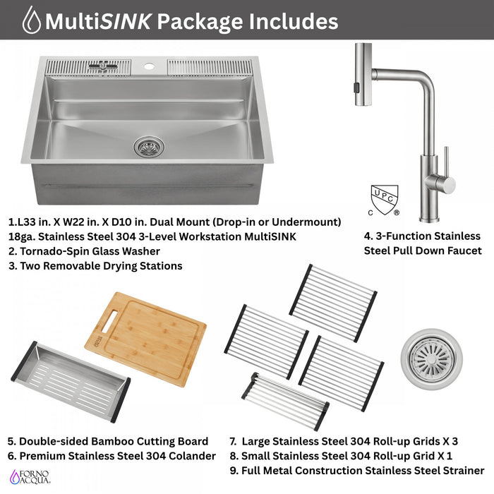 MultiSINK 33 in. Dual Mounted 3-Level Workstation Kitchen Sink, Faucet, Glass Rinser,Stainless Steel -D-XP30 Laundry Combo