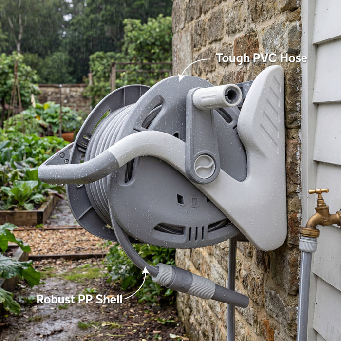 Outsunny Portable Garden Hose Reel, 1/2\" x 66ft Wall Mounted Hose Reel with 2 Patterns Spray Nozzle, Compact with Crank Handle for Yard Lawn Garage Car Cleaning Watering, Grey