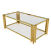 Aria 47.5 Inch Modern Rectangular Coffee Table with Asymmetrical Gold Frame and Glass Top, Transparent | Aria Table Basse Rectangulaire Moderne 47.5 po avec Cadre Asymetrique Dore et Plateau Verre, Transparent