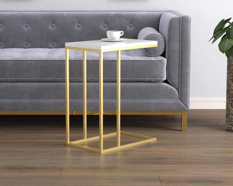 19” C-Shaped Marble Gold Metal End Table With Metal Frame - Multicolour