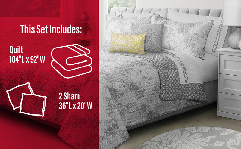 King Size 3-Piece Reversible Quilt Set - Grey and White Floral Botanical Print 