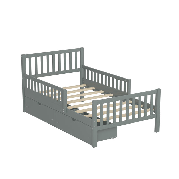 Emma Wood Platform Bed with Guardrails and Storage Drawers,Twin Size - Grey