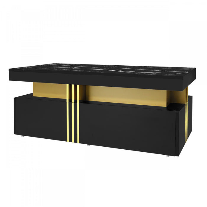 Noah Modern Coffee Table with Marble Pattern Top and Storage Drawers,Black