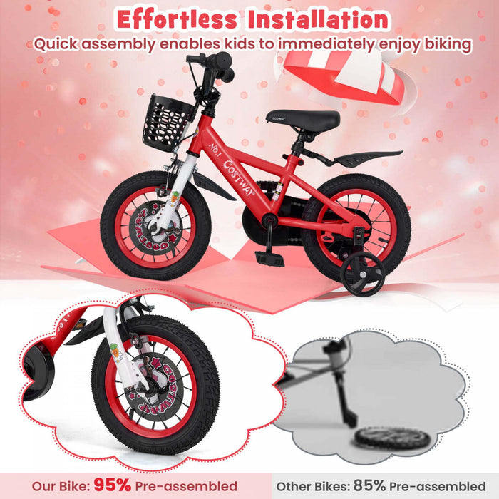 Costway 12\" Kid's Bike For 3-4 With Height-adjustable Handlebar & Saddle Handbrake Red