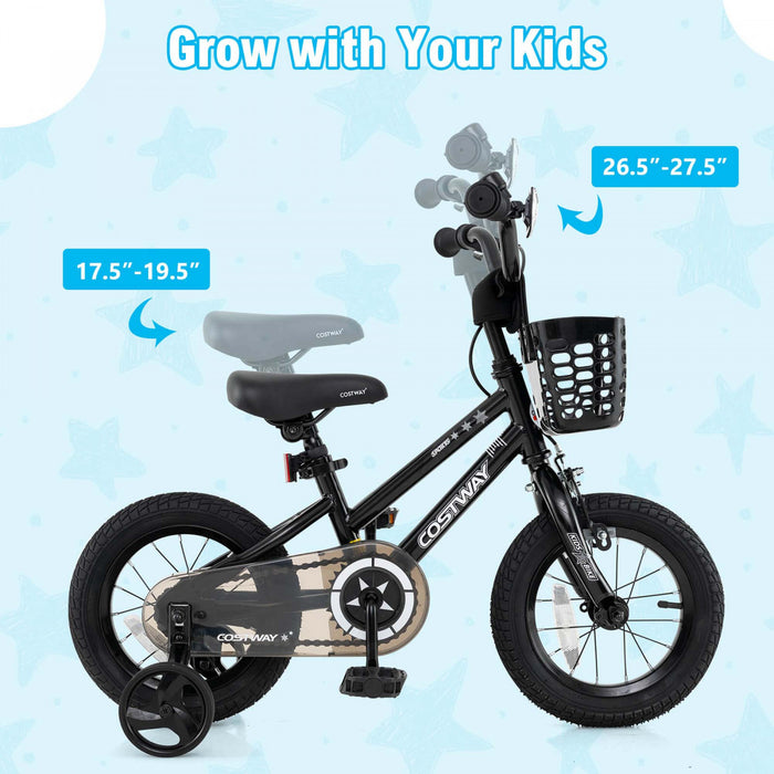 Costway 12\" Kid's Bike With Training Wheels Adjustable Handlebar & Seat Handbrake Black