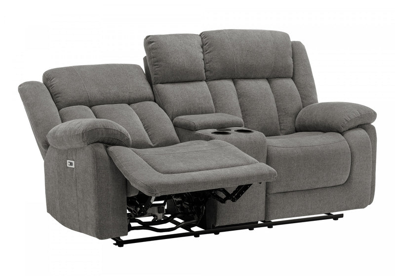 MONARCH SPECIALTIES 2-SEATER POWER RECLINING UPHOLSTERED LOVE SEAT, 76\" WIDE, LIGHT GREY FABRIC, TRANSITIONAL RECLINER