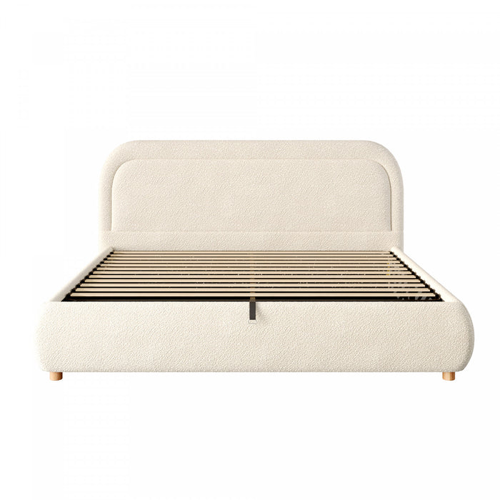 Sophia Space-Saving Hydraulic Lift Storage Platform Bed with Boucle Upholstery,Queen Size,Beige Queen Bed