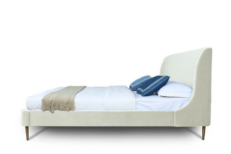 Heather Mid-Century Modern Velvet Upholstered Queen Bed in Cream and Gold