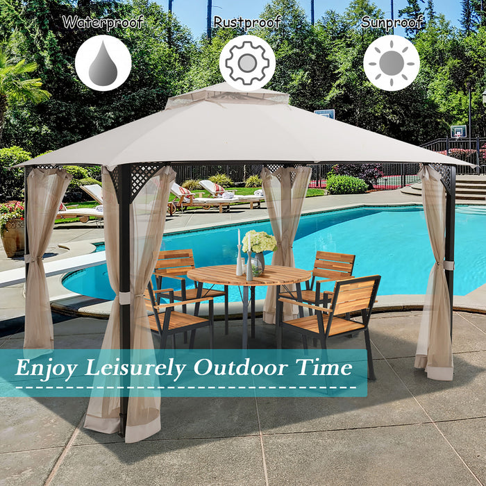 Costway 12' X 10' Outdoor Patio Gazebo Canopy Shelter Double Top Sidewalls Netting Beige