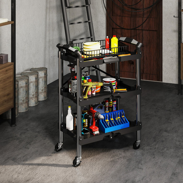 Homcom 3-tier Collapsible Tool Cart With Wheels, Folding Utility Cart Black