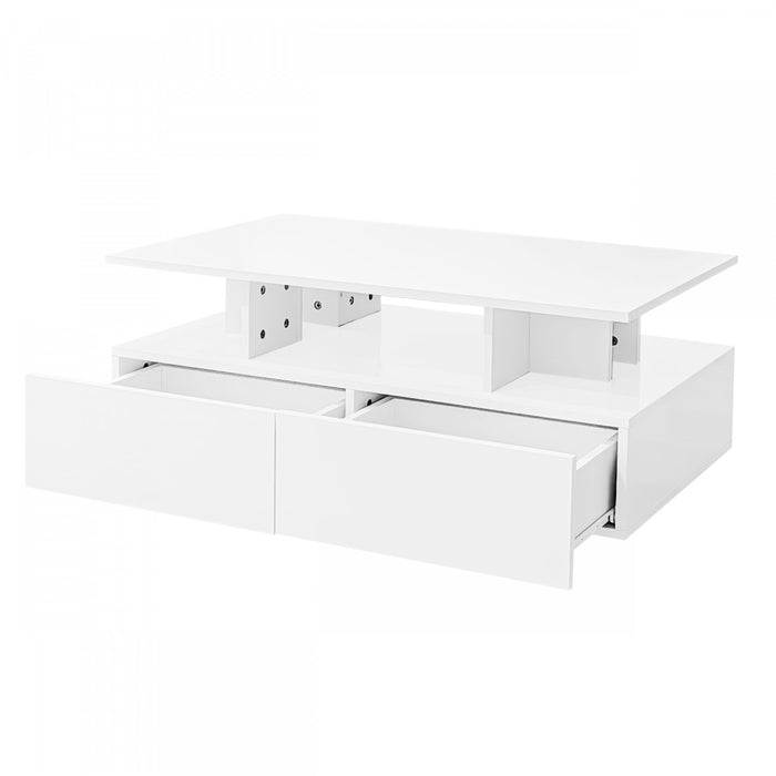 Lucas LED Coffee Table with Storage Drawers and Open Shelves,White