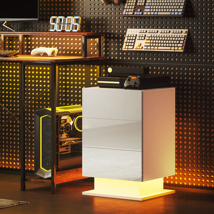 HOMCOM Modern LED Nightstand Bedside Table with Drawers, Glossy White