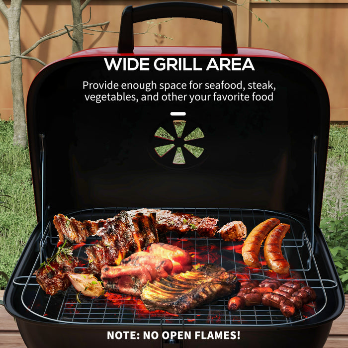 Outsunny Charcoal BBQ Grill, Portable Barbecue Smoker with Lid, Wheels, Storage Rack, Red