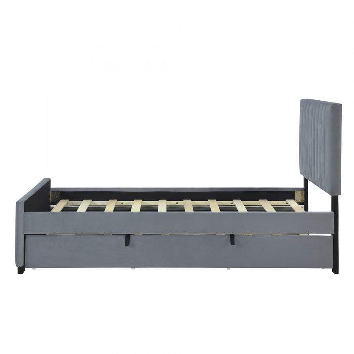 Ethan Space-Saving Velvet Upholstered Platform Bed with Trundle,Twin Size,Grey Twin Bed