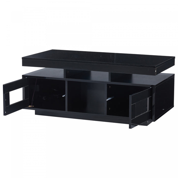 Lumina 39.3 Inch High-Gloss Coffee Table with LED Lights, USB Port and Transparent Doors, Black
