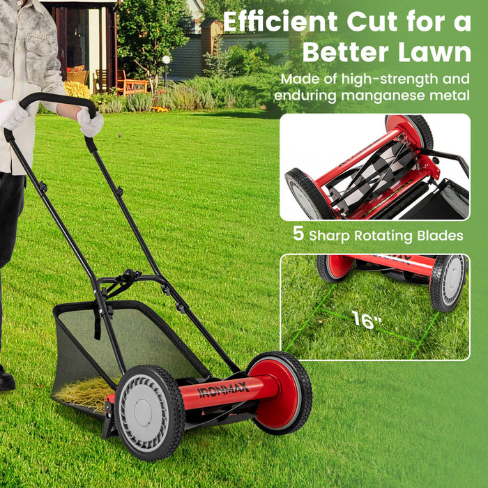 Ironmax 16\" Push Lawn Mower With 5-blade 6.9 Gallon Removable Grass Catcher For Garden Red