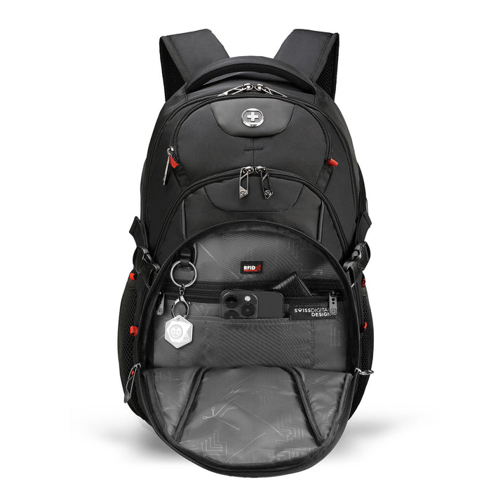 Swissdigital Vector School Backpack – 17\" Laptop Bag, USB Charging, SDD Finder, RFID Protection, Reflective Trim, Add-A-Bag System