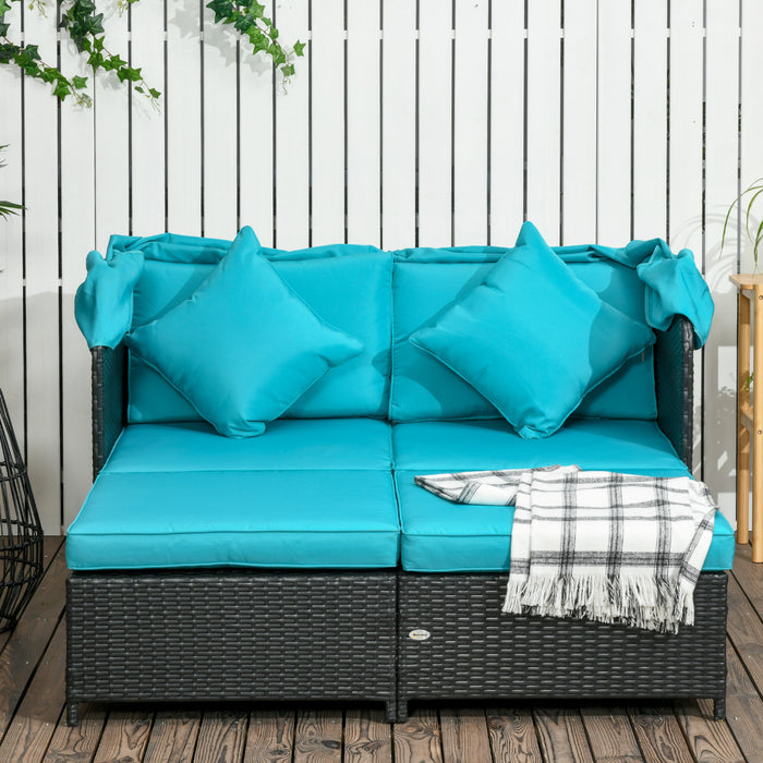 Outdoor Double Lounge Daybed W/ Awning & Cushions Sun Lounger, Green