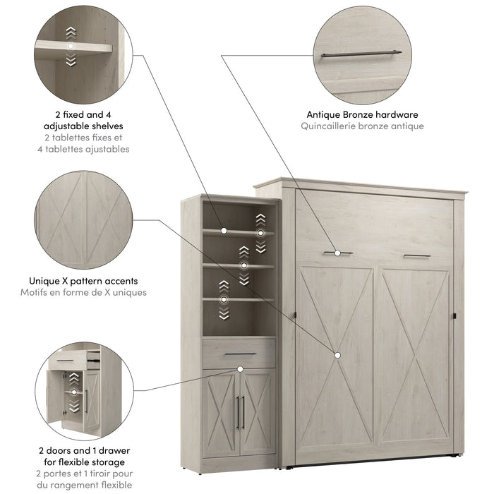 Bestar Key West Queen Murphy Bed & Closet Organizer with Drawer & Doors (94 W) - Linen White Oak