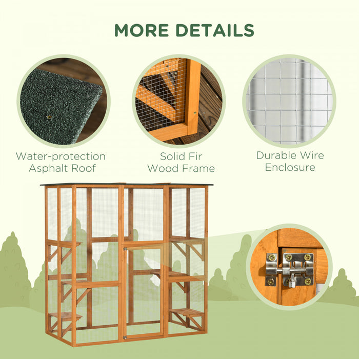 Pawhut Large Outdoor Catio Enclosure, Weatherproof Cat House With Asphalt Roof, Wooden Cat Patio Cage With 6 Balanced Platforms, 71\" X 39\" X 71\", Orange