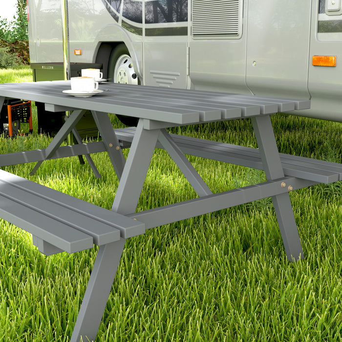 Outsunny Wood Picnic Table Set with Built-in Benches Umbrella Hole Grey