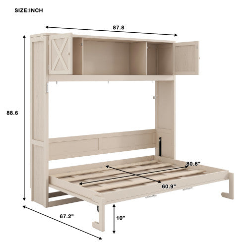 Ethan Solid Wood Murphy Bed with Storage Cabinets,Queen Size,Beige Queen Bed