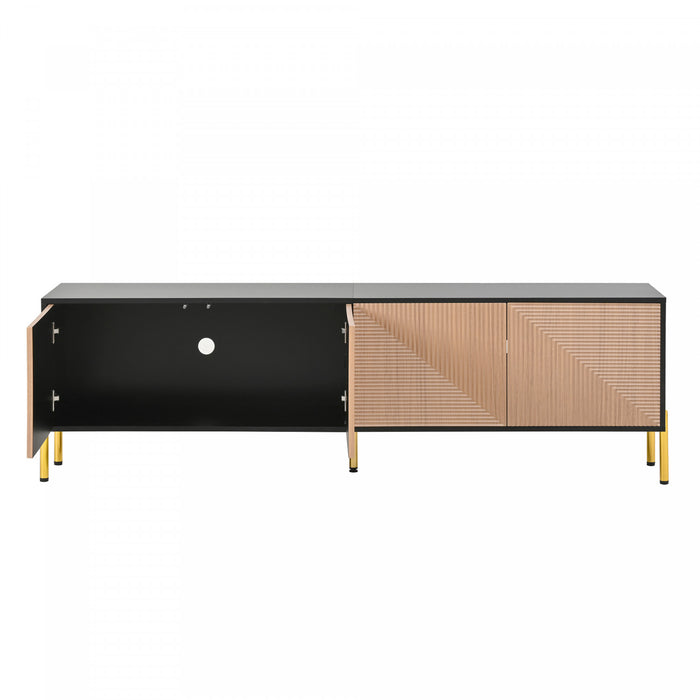 Arcadia 70.5 Inch Modern TV Cabinet with Textured Doors and Gold Legs, Black/Wood