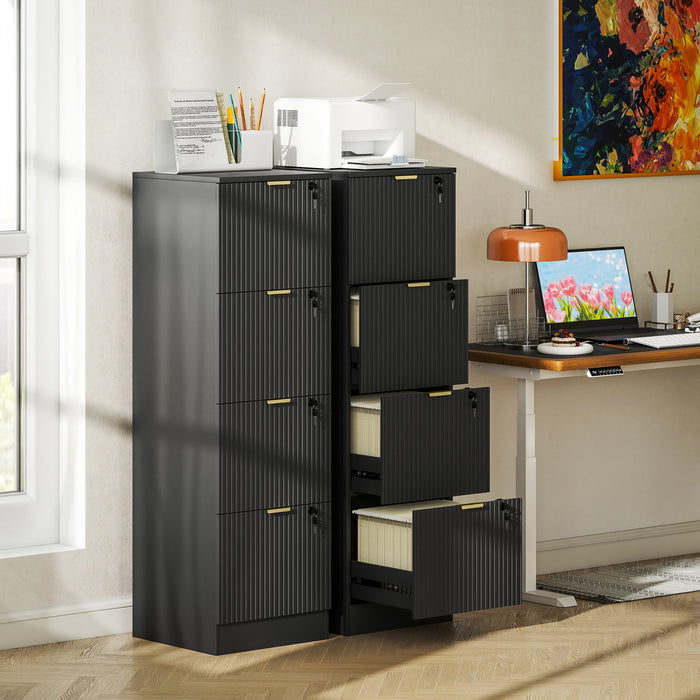 HOMCOM 4 Drawer File Cabinet Fluted Vertical Filing Cabinet with Lock Black