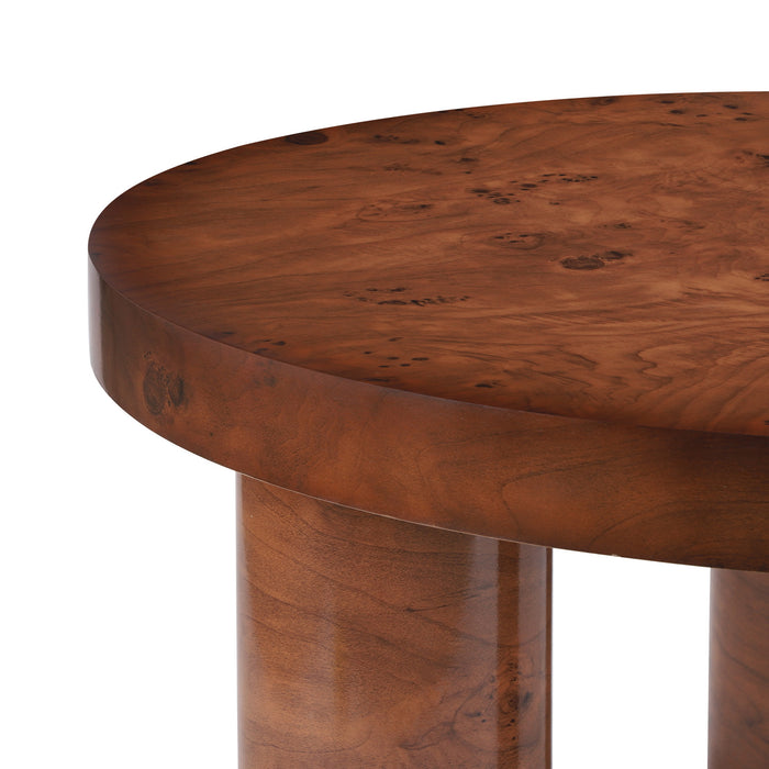 Lira 31.5 Inch Modern Round Burl Veneer Coffee Table with Three Cylindrical Legs, Brown