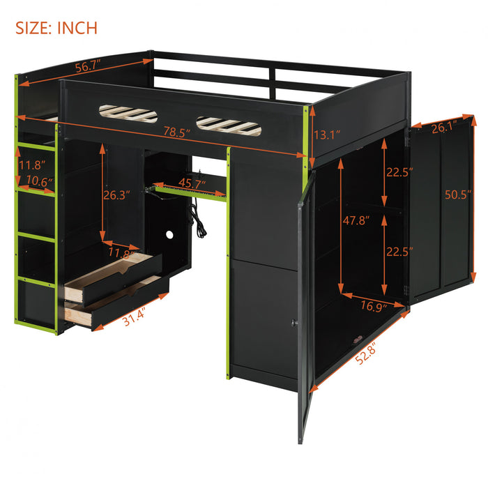 Jerry Wood Loft Bed with Desk and Storage,Full Size,Green Full Bed