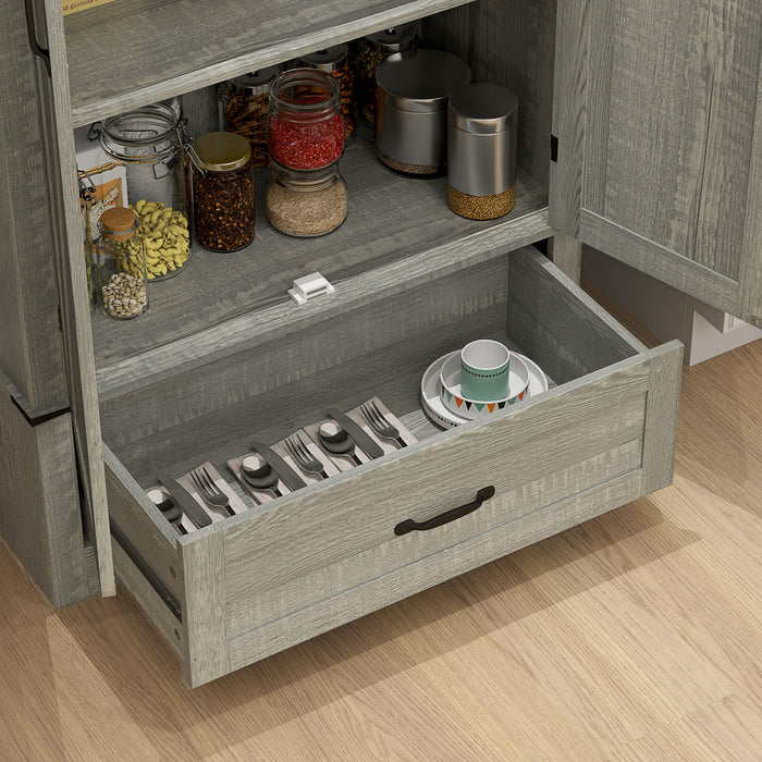 HOMCOM Farmhouse Pantry Cabinet, Kitchen Cabinet, Distressed Light Grey