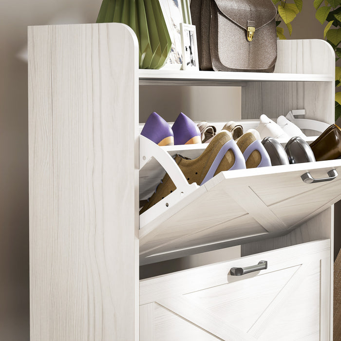 HOMCOM Narrow Shoe Cabinet Farmhouse Shoe Storage Cabinet White Oak