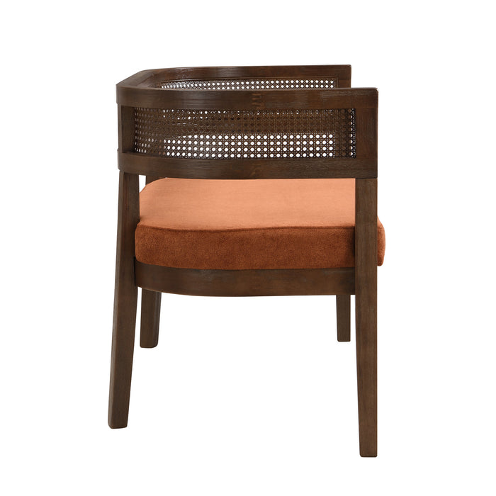 Rattan 47.5 Inch Rattan Upholstered Loveseat with Hand-Woven Backrest, Dark Orange, Walnut