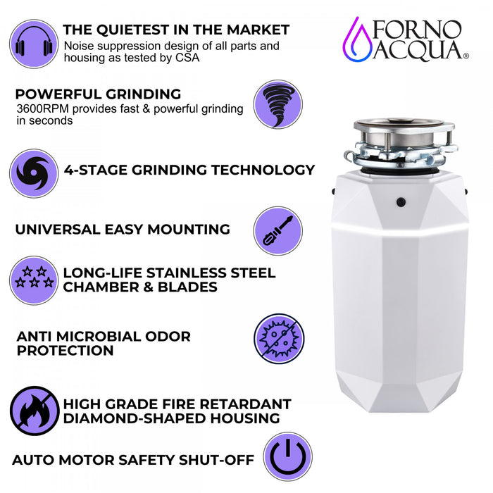 BrightDIAMOND 1HP Quietest Waste Disposer, LED Cabinet Light, Corded & Air Switch, MoonStone - WDD100TA2MS Food Disposer