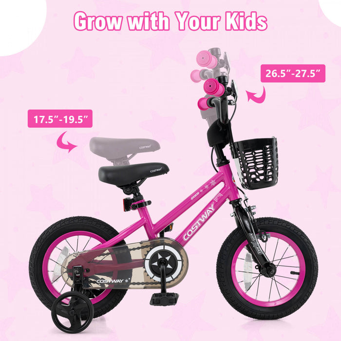 Costway 12\" Kid's Bike With Training Wheels Adjustable Handlebar & Seat Handbrake Pink